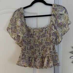 Astr Ladies Ivory Lilac Floral Smocked Blouse-M